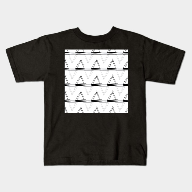 Doodle saillboat, triangles black and white stripes Kids T-Shirt by counterclockwise